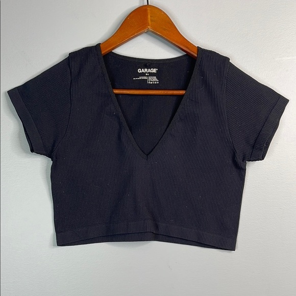 Garage Ribbed V-Neck Crop Top Black Stretch Baby Tee Size L - Picture 8 of 8